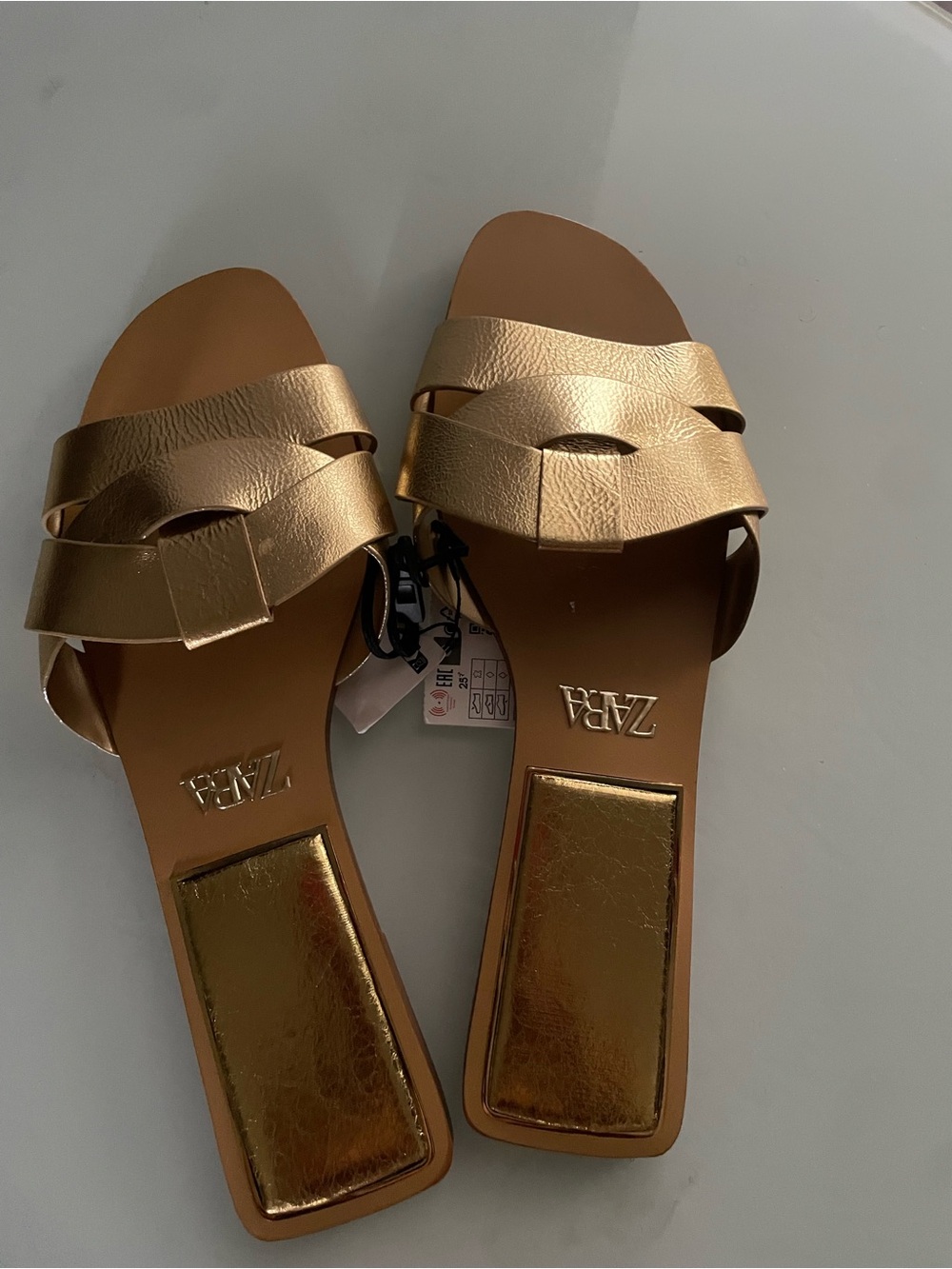 ZARA Metallic Gold Braided Strap Slide Sandals - Picture 2 of 3